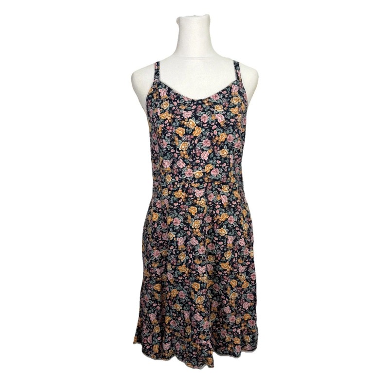 Linen Mini Dress Dark Floral Feminine Cottage Shirred Sundress