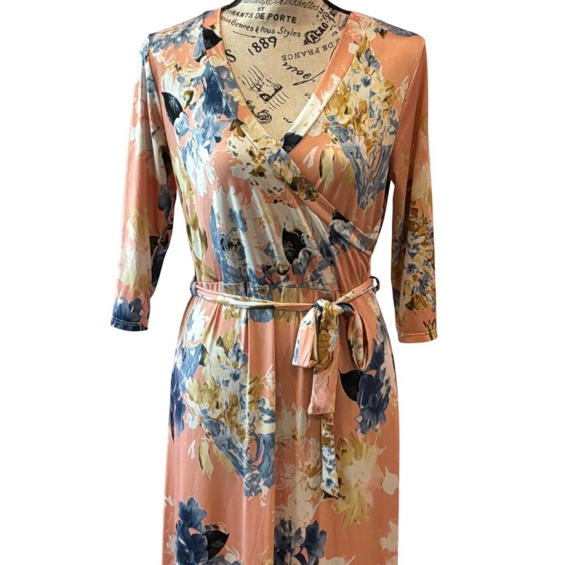 Peach Floral Faux Wrap Maxi Dress 3/4 Sleeve Medium Made in USA