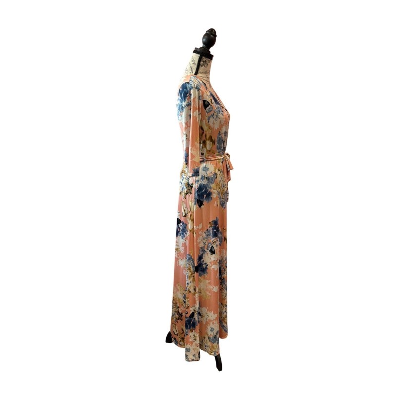 Peach Floral Faux Wrap Maxi Dress 3/4 Sleeve Medium Made in USA