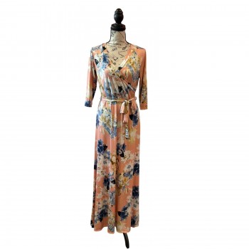 Peach Floral Faux Wrap Maxi Dress 3/4 Sleeve Medium Made in USA