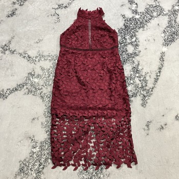 Red Lace Midi Dress Halter High Neck Cutout Formal Womens