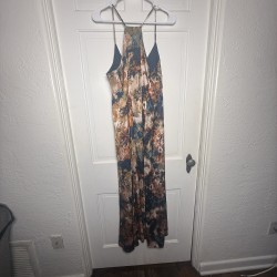 Floral Maxi Dress Blue Gold Multicolor Sleeveless Pockets
