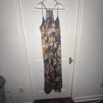 Floral Maxi Dress Blue Gold Multicolor Sleeveless Pockets
