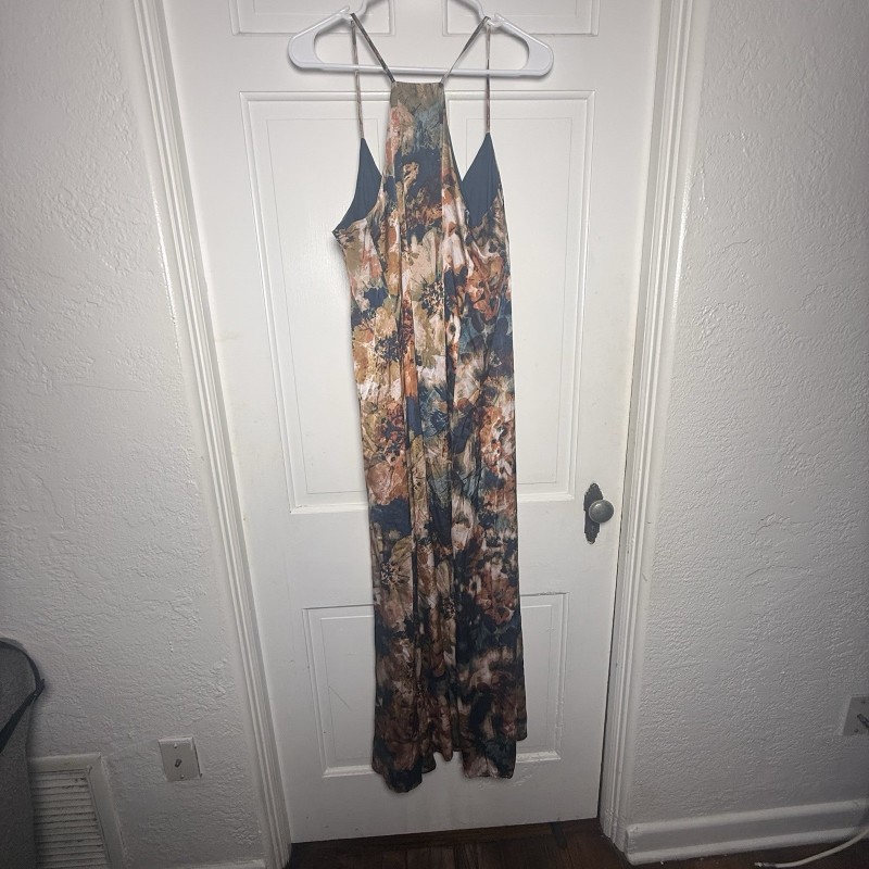 Floral Maxi Dress Blue Gold Multicolor Sleeveless Pockets