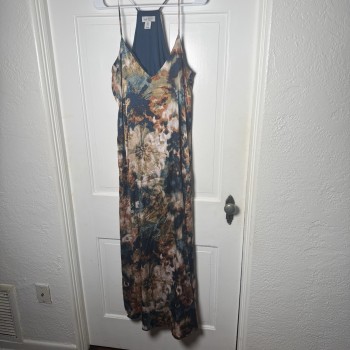 Floral Maxi Dress Blue Gold Multicolor Sleeveless Pockets