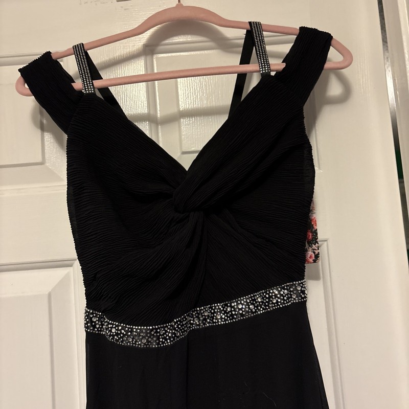 Beaded Black Gown Chiffon With Rhinestone Waist Dress