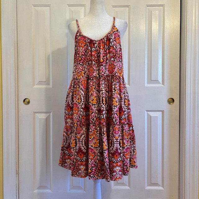 Pink/Orange Floral Braided Strap Tiered Mini Swing Dress