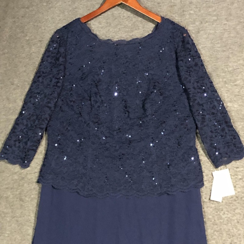 Dress Womens 14W Navy Sequin Lace Maxi Formal Evening Gown 3/4 SLV
