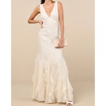 Deluca Ivory Ruffle Trumpet Gown Maxi Dress Formal Evening